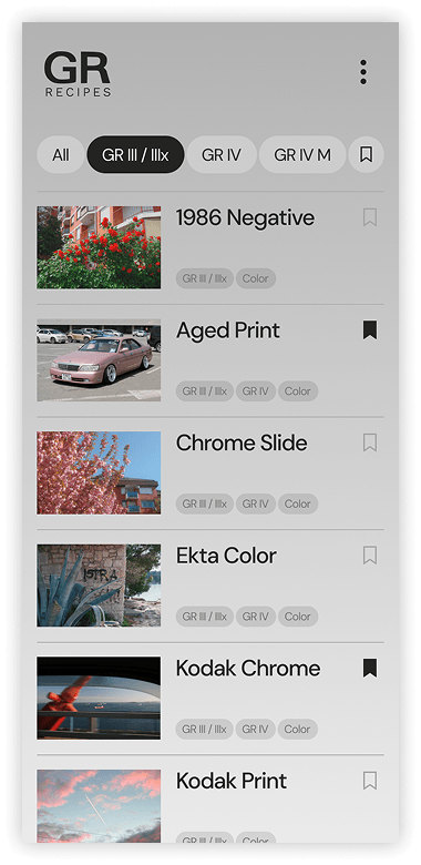 Ricoh GR Recipes app — recipe list