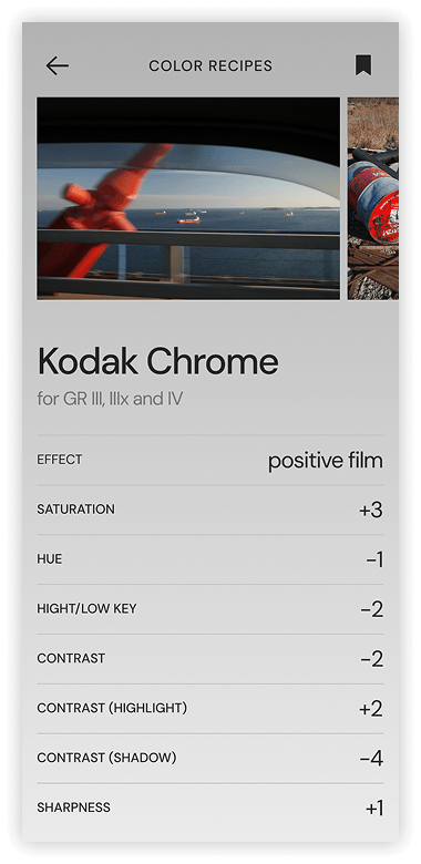 Ricoh GR Recipes app — color recipe
